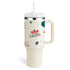 Insulated thermos cup with handle and straw in festive Christmas design.