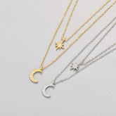 Moon double-layer necklace in yellow and white gold with star and moon pendants, clavicle chain design.