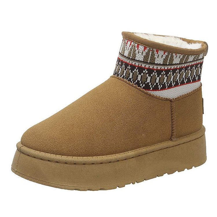 Fleece-lined ethnic style short women's boots with platform heel and velboa lining.