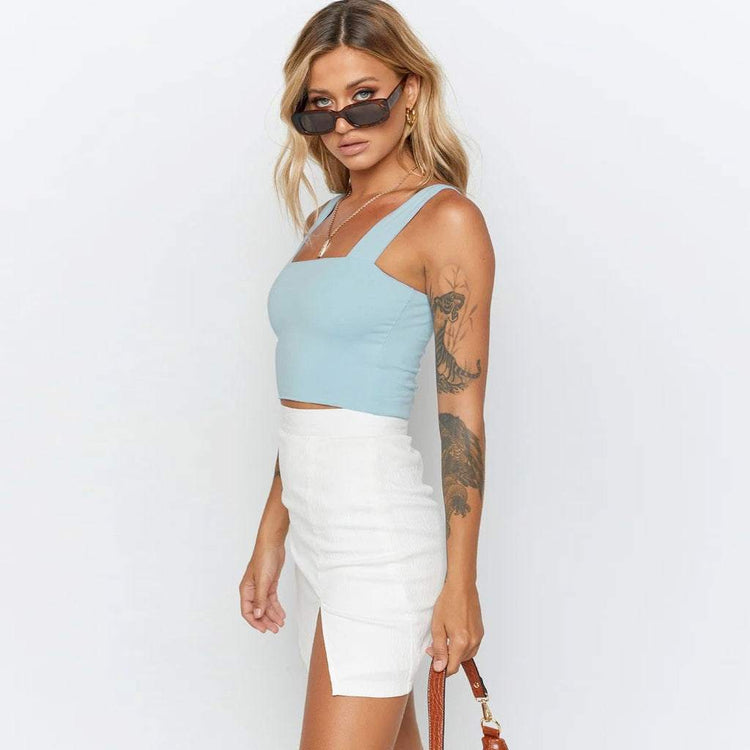 Fashion women crop top, sexy sleeveless tank, light blue, stylish look.