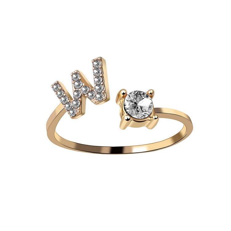 Adjustable 26 initial letter ring with zircon crystals, elegant fashion jewelry for women.