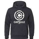 Black hoodie sweatshirt with Capsule Corp design, made from polyester, available in multiple colors and sizes.