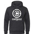 Black hoodie sweatshirt with Capsule Corp design, made from polyester, available in multiple colors and sizes.