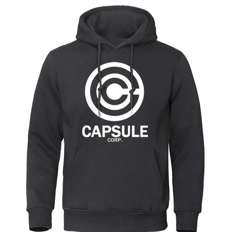 Black hoodie sweatshirt with Capsule Corp design, made from polyester, available in multiple colors and sizes.