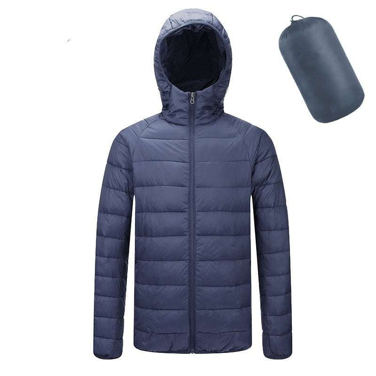 Men's lightweight hooded coat with zipper, warm winter fashion jacket.