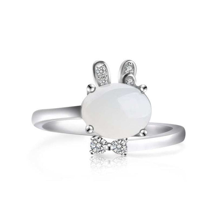 Sterling silver adjustable ring with Hetian jade and rabbit design.