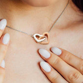 Double Heart Necklace in two-color peach, heart-shaped pendant, copper material, fashion OL style.