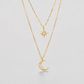 Moon double-layer necklace with rhinestone moon and star pendant, gold clavicle chain, luxury design for women.