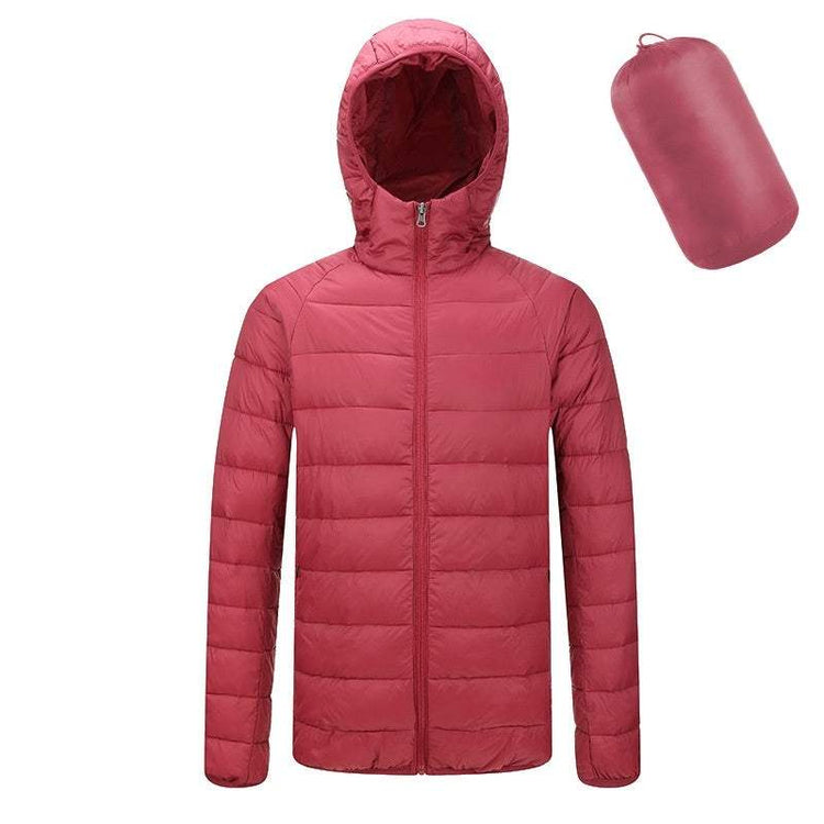 Men's lightweight hooded coat, warm winter zipper jacket in red, fashion outerwear.