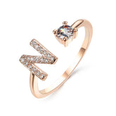 Adjustable 26 initial letter ring, vintage design with zircon and copper alloy, fashionable jewelry for women.