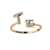 Elegant adjustable ring featuring an initial letter "T" design with zircon gemstones, perfect fashion jewelry for women.