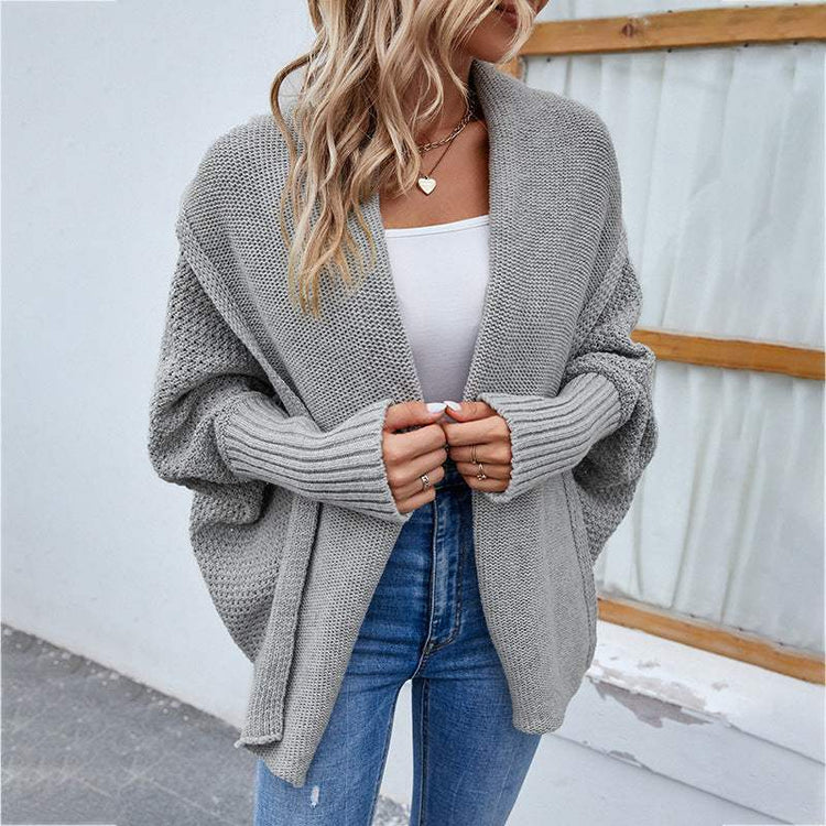 Knitted bat sleeve cardigan in solid color, perfect winter fashion jacket.