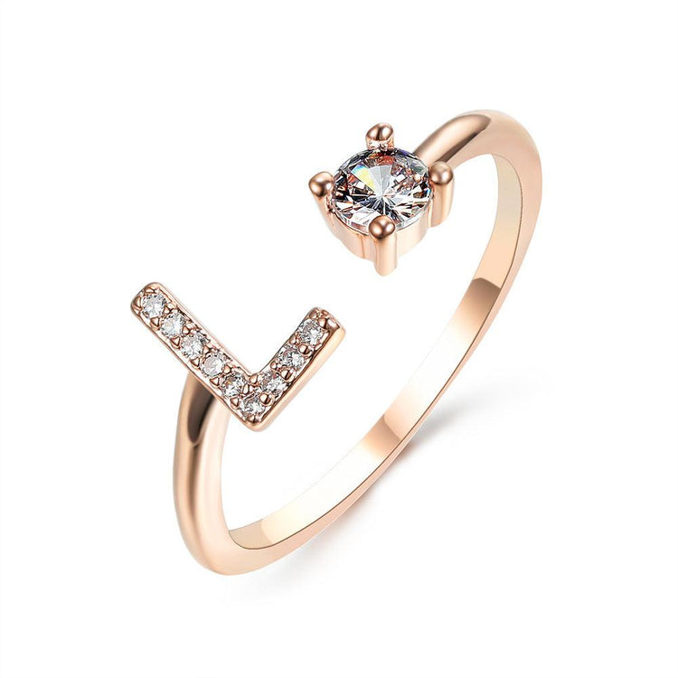 Elegant adjustable 26 initial letter ring with zircon, fashionable women's jewelry design.