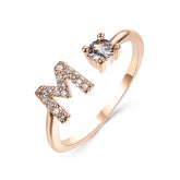 Adjustable 26 initial letter ring with zircon stone, elegant design fashion jewelry for women.