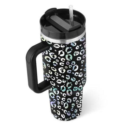 Stylish thermos cup with handle and straw, featuring a colorful pattern design.