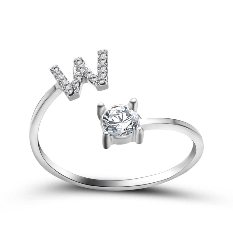 Elegant adjustable initial letter ring with diamond zircon, unique and fashionable women's jewelry design.