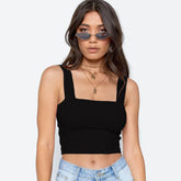 Fashion women crop top in black, sleeveless with a fitted design.