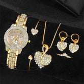 Full diamond bracelet watch suit with gold quartz watch, necklace, ring, earrings, and bracelet for women.