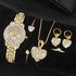 Full diamond bracelet watch suit with gold quartz watch, necklace, ring, earrings, and bracelet for women.