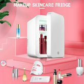 White mini refrigerator for skincare, portable and frost-free, with mirror and lighting for cosmetics preservation.