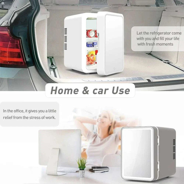 Mini skincare fridge with mirror for home and car use, ideal for refrigerating beauty products.