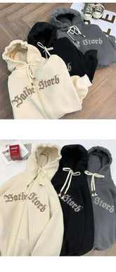 Goth streetwear jackets and coats with hood, featuring letter print design, available in black, gray, and beige.