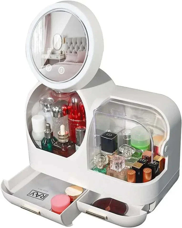 Cosmetic display case with touch screen LED mirror and storage compartments.