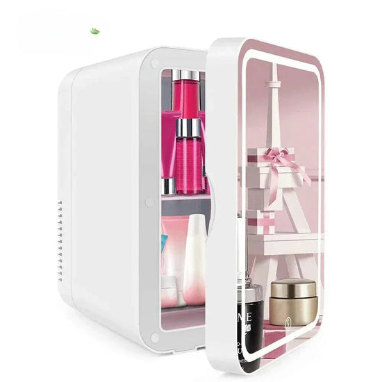 White refrigerator skincare fridge mini from CRXYJ with a sleek design, featuring a glass door and compact size, ideal for cosmetic preservation.