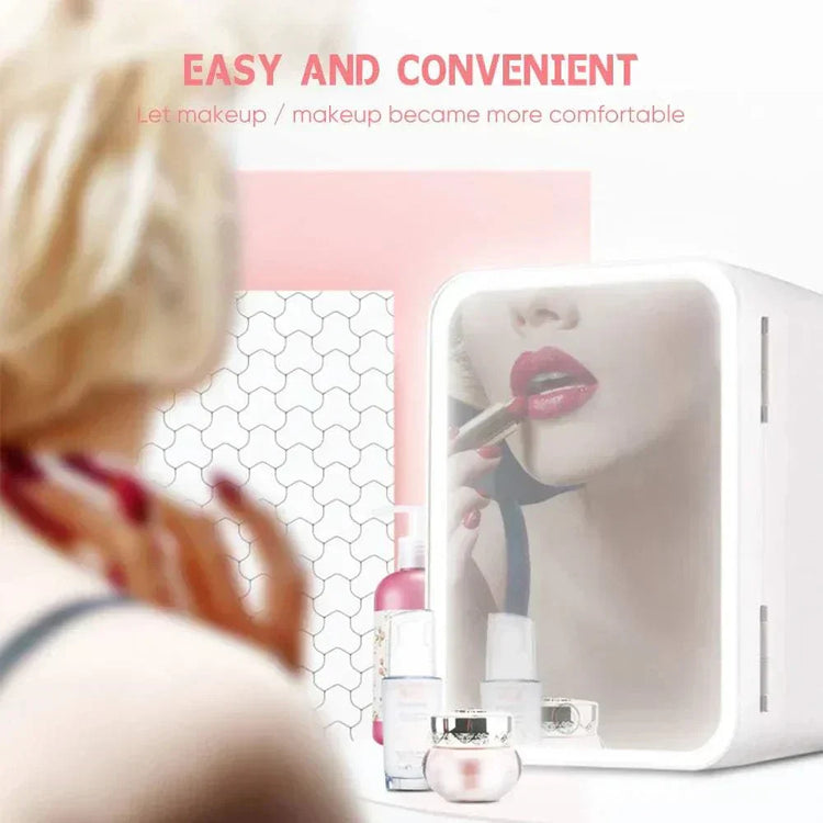 Portable refrigerator skincare fridge mini with mirror and light, perfect for makeup and cosmetics storage, white color, 22°C-25°C cooling range.