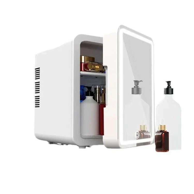 Mini skincare fridge with mirror for makeup storage, compact and efficient cooling.