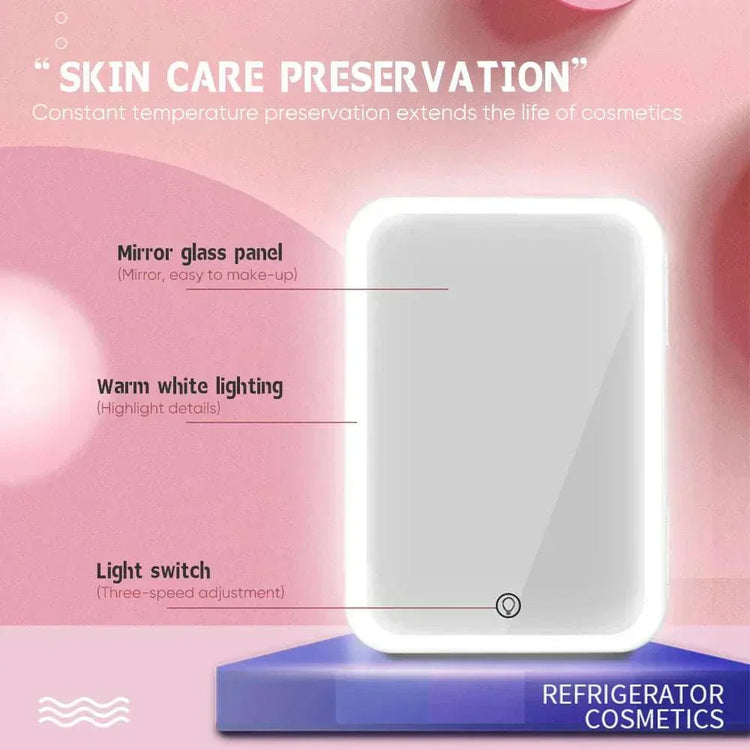 Refrigerator Skincare Fridge Mini with mirror glass panel, warm white lighting, and light switch for skincare preservation and extended cosmetic life.