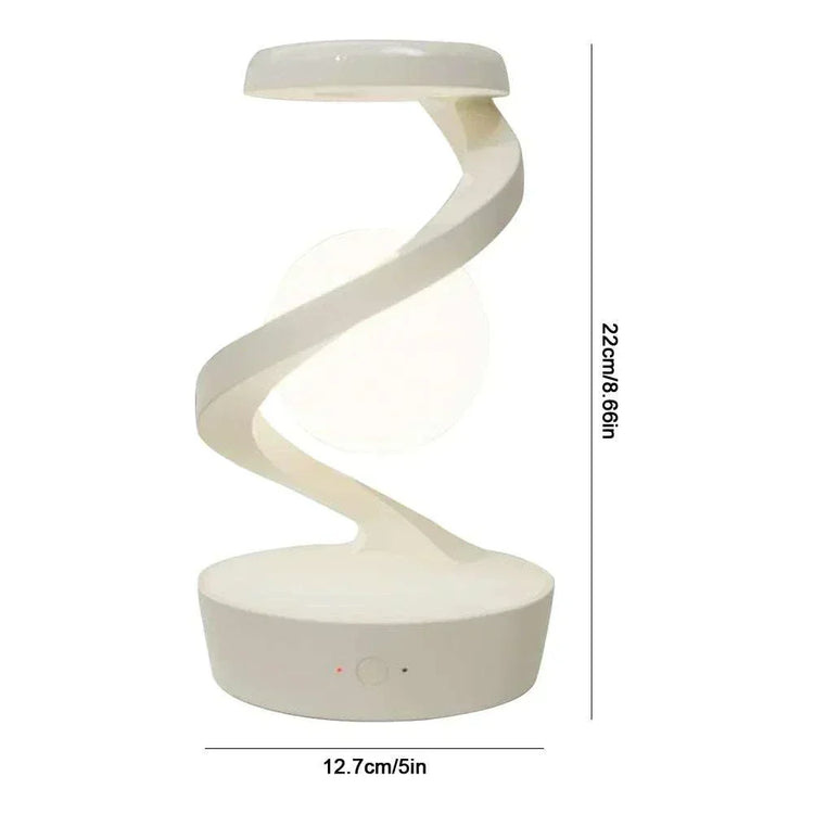 Floating moon table lamp with spiral design and dimensions, ideal for modern bedroom decor.