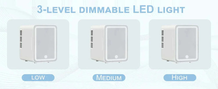 3-level dimmable LED light settings on mini skincare fridge with mirror.