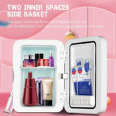 Mini skincare fridge with two inner spaces and side basket for organized cosmetic storage.