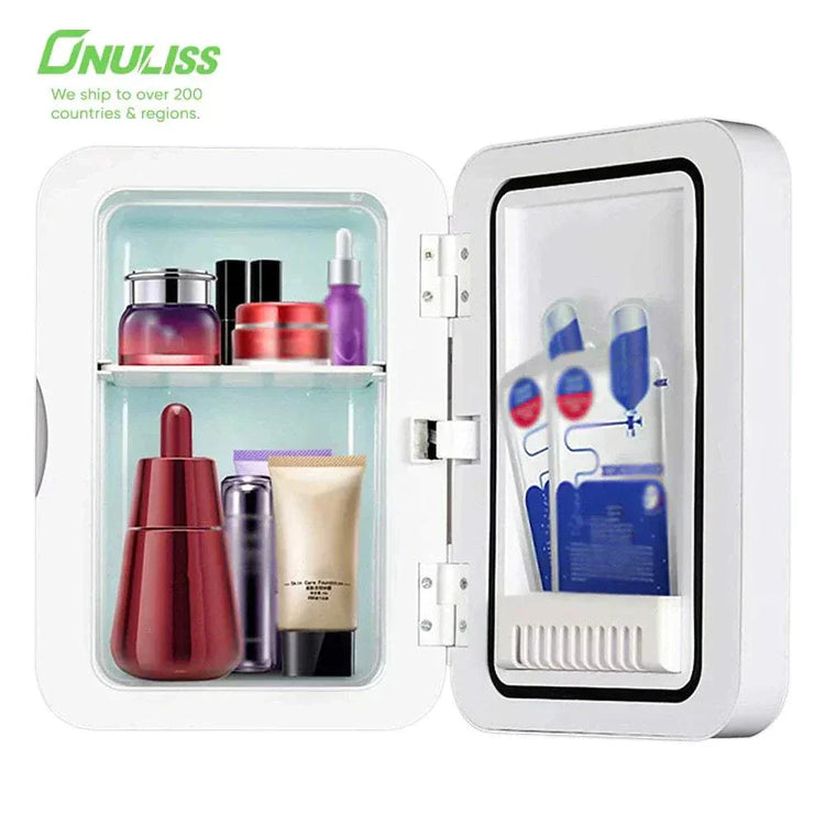 White mini refrigerator for skincare, portable and frost-free, with mirror glass panel and light for cosmetics storage.