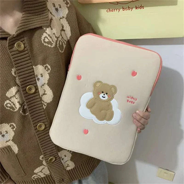 women cute laptop sleeve with brown bear design, protective pouch for tablets