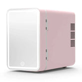 Mini skincare fridge with mirror in pink, compact and energy-efficient.