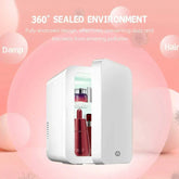 White mini skincare fridge with glass panel and LED lighting, showcasing skincare products, includes a 360-degree sealed environment for dust prevention.