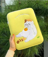 Cute yellow laptop sleeve case with cartoon design for women, featuring a lazy cat and "Happiness" text, ideal for 11 to 15.6-inch devices.