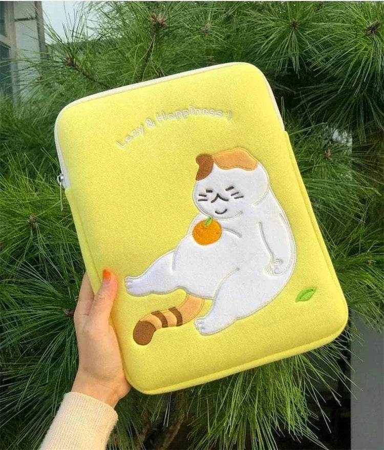 Cute yellow laptop sleeve case with cartoon design for women, featuring a lazy cat and 