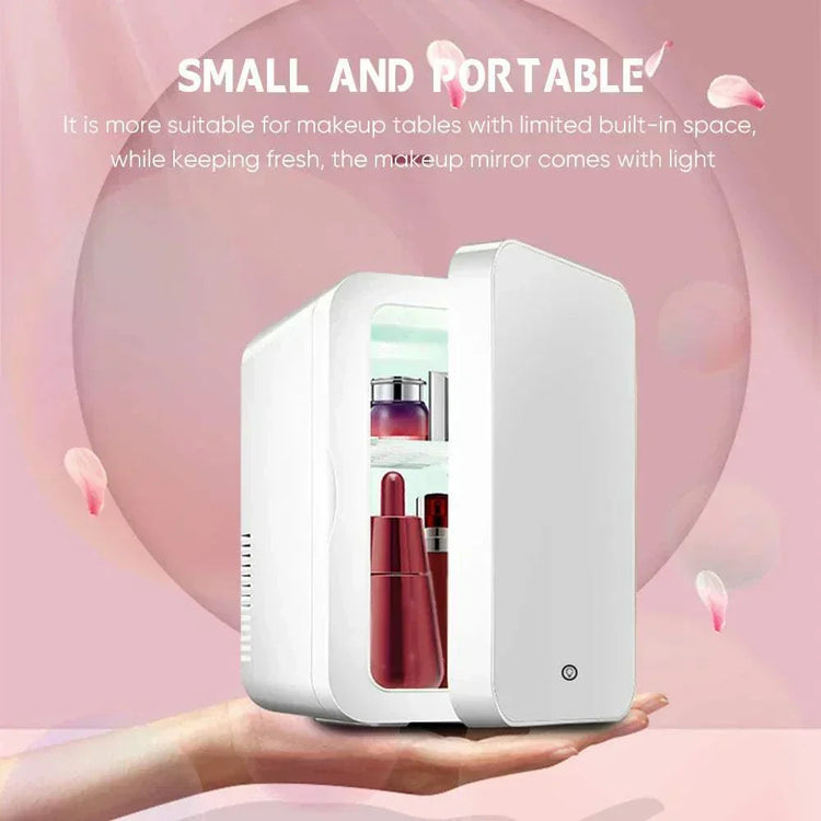 Mini skincare fridge in white, compact and portable design, perfect for makeup tables with built-in mirror light.