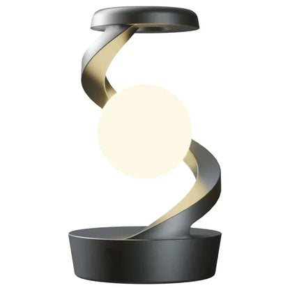 Floating moon table lamp with interactive rotation and gesture-controlled illumination.