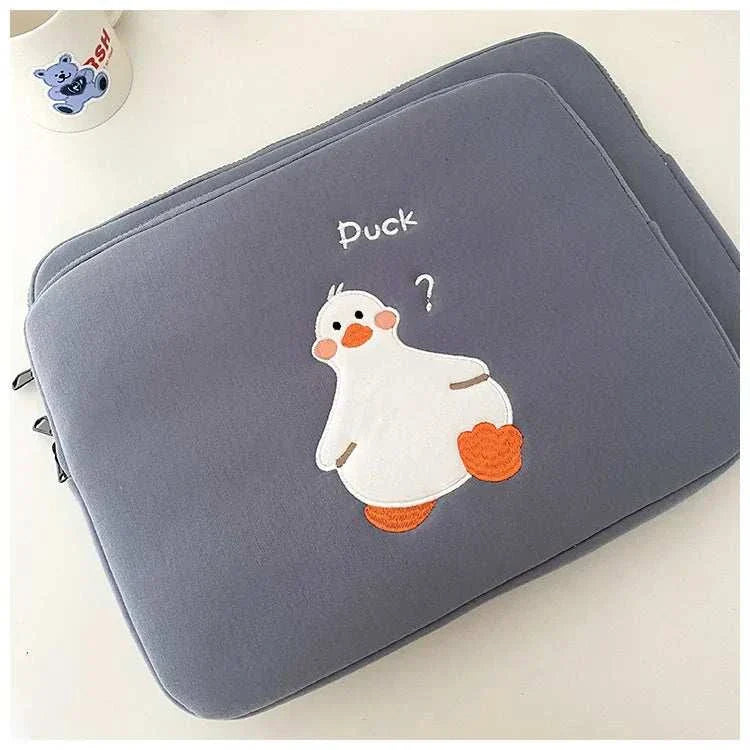 Women cute laptop sleeve case with duck cartoon design, protective pouch for tablets and laptops.