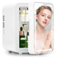 Mini skincare fridge with mirror for makeup storage and cooling.