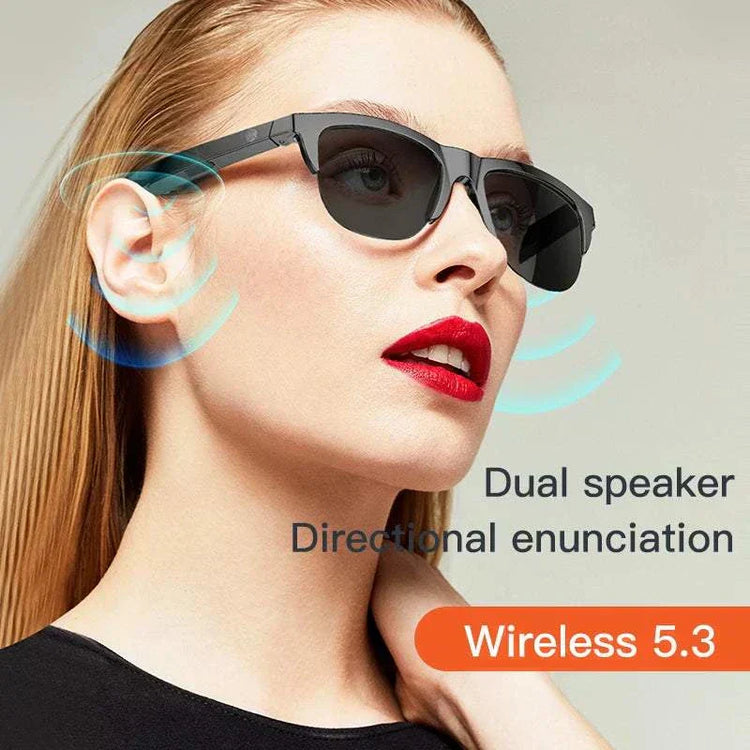 Stereo Android glasses with Bluetooth headphones featuring dual speakers and wireless 5.3 technology.