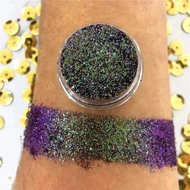 Chameleon eyeshadow with shimmering colors on skin.