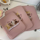 Pink cartoon laptop sleeves for women, featuring cute animal designs and zipper closure, suitable for 11-15.6 inch devices.