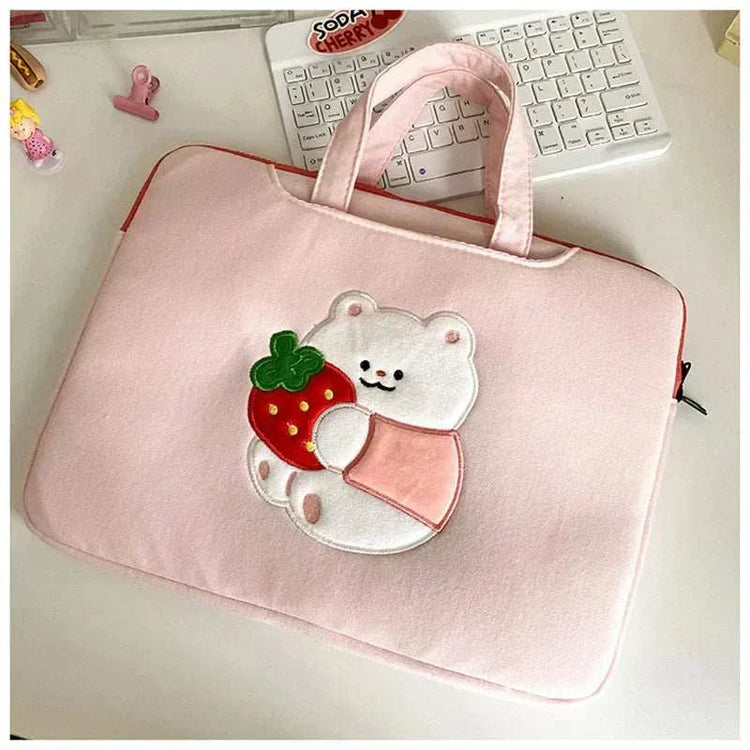 pink laptop sleeve case with cute bear design holding strawberry, women's protective pouch