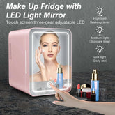 Mini skincare fridge with mirror and LED light for makeup and skincare storage.