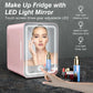 Mini skincare fridge with mirror and LED light for makeup and skincare storage.